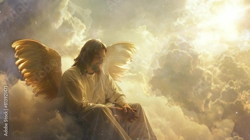 The Lord Jesus, who was sitting on a cloud, looked at the earth and its people. seamless looping time-lapse virtual 4K video Animation Background. photo