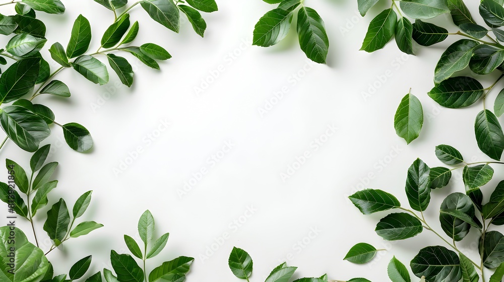 Fototapeta premium Elegant Green Leaf Border on Clean White Background for Nature,Botanical,and Springtime Designs