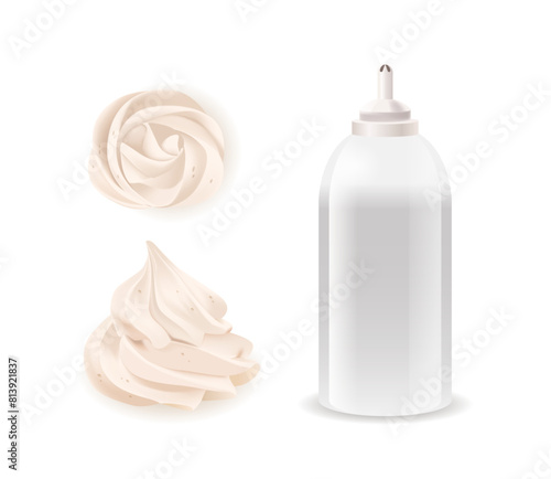 Two Whipped Cream Dollops And A Cream Dispenser Isolated On A White Background. Realistic 3d Vector Illustration