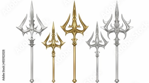 Trident in gold and silver, devil pitchfork on white background. Modern set of mythology weapons of Greek god Poseidon, Triton or Neptune.