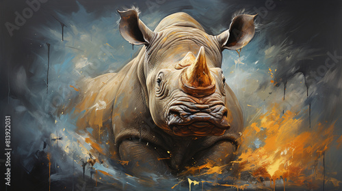 Minimalistic Oil Painting Of Huge Rhinoceros On Canvas