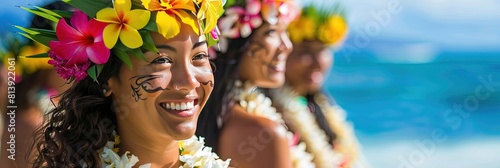 Hawaiian luau concept with hula dancers wearing floral leis