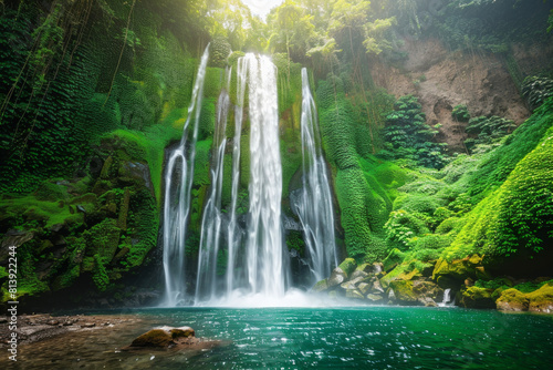 A majestic waterfall cascading down a moss-covered cliff into a crystal-clear pool below  surrounded by lush greenery and misty spray  creating a scene of natural grandeur and tranquility