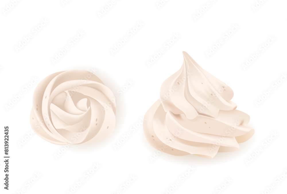 Two Inviting Swirls Of Whipped Cream For Culinary And Patisserie Designs. Isolated Realistic 3d Vector Illustration Two Inviting Swirls Of Whipped Cream For Culinary And Patisserie Designs. Isolated Realistic 3d Vector Illustration
