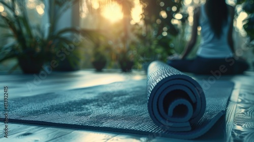 Woman sitting on yoga mat in the sun, suitable for health and wellness concepts photo
