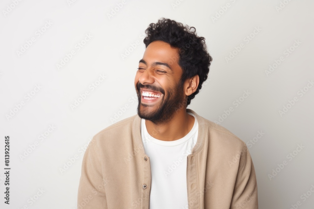 Portrait of a happy indian man in his 20s laughing while standing against white background Portrait of a happy indian man in his 20s laughing while standing against white background