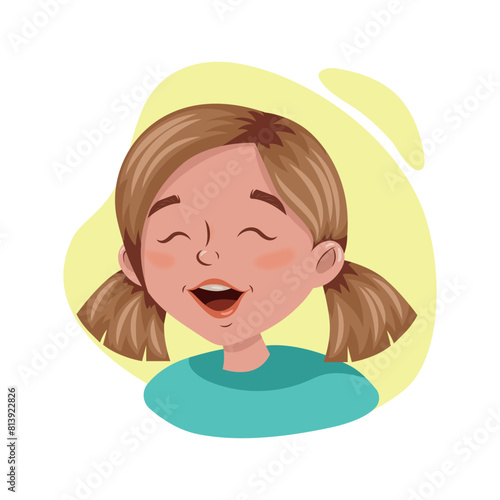 happy blonde little girl with smiling face and double ponytail, isolated vector illustration on white background, cartoon style design