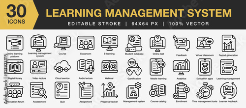 Set of 30 Learning management system icon set. Editable Stroke Icon Collection. Includes classroom, course, webinar, assessment, quiz and More. Outline icons vector collection.