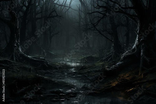 Mysterious spooky forest. Horror scary fog. Generate Ai