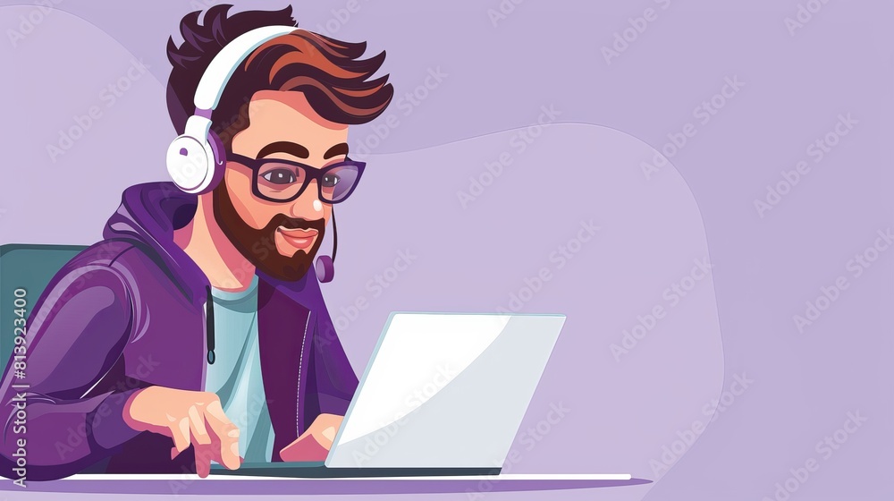 Banner with a man working on a laptop for a freelance job Banner with a man working on a laptop for a freelance job