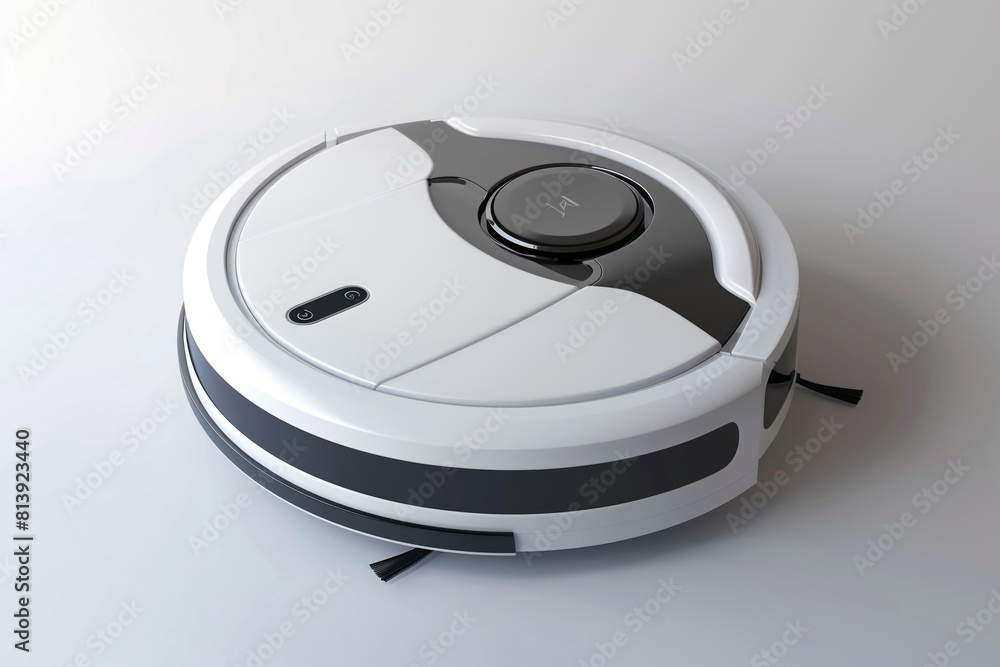 A sleek and compact robotic vacuum cleaner with intelligent obstacle detection and a large dustbin isolated on a solid white background. A sleek and compact robotic vacuum cleaner with intelligent obstacle detection and a large dustbin isolated on a solid white background.