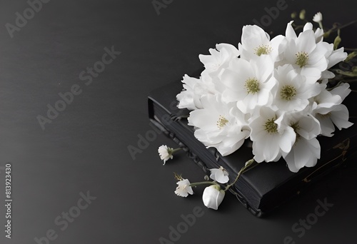 white flowers on black book on black background for obituary notice, funeral announcement, necrology