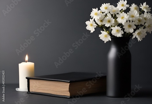 white burning candle  black book and white flowers in black vase on black background for obituary notice  funeral announcement  necrology