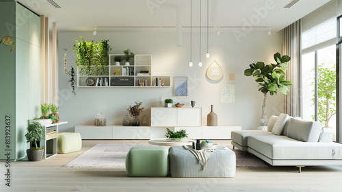 Uma sala de estar contemporânea com uma mistura de móveis elegantes e minimalistas em tons neutros, complementados por detalhes suaves em verde e azul pastel.