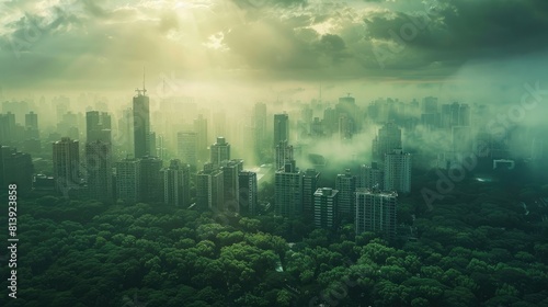 A city skyline with a green forest in the background
