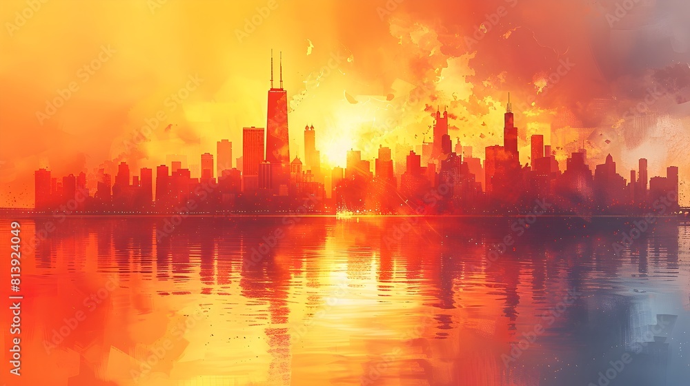 Dramatic Aquarelle-Style Cityscape of Glowing Chicago Skyline at Sunset or Sunrise