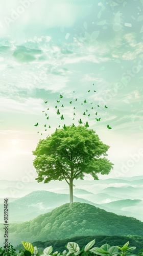 Digital art of green tree transforming into birds on a mystic landscape background. Environmental and freedom concept