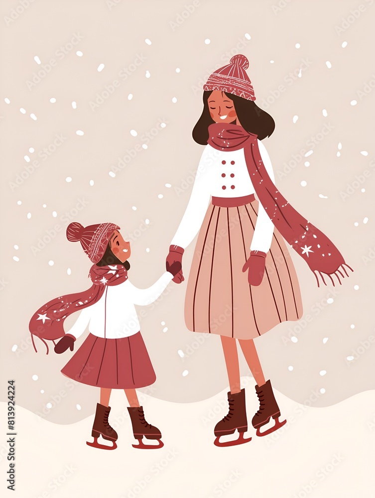 Cute little girl and her mother skating on ice in winter snowing Cute little girl and her mother skating on ice in winter snowing