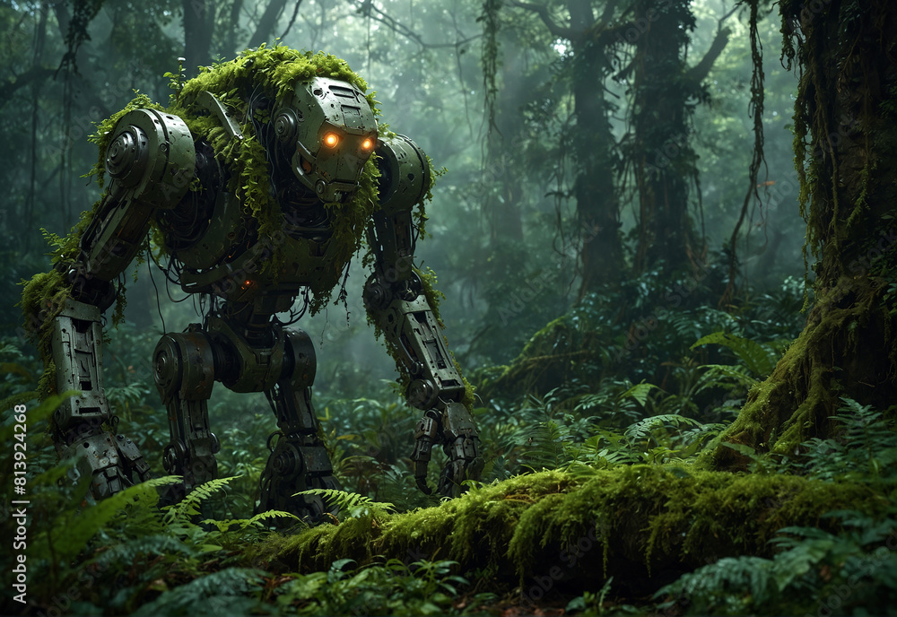In the middle of the dense forest are the remains of ancient robotic guards, now overgrown with moss and creepers In the middle of the dense forest are the remains of ancient robotic guards, now overgrown with moss and creepers