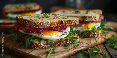 Close-Up of Delicious Bacon, Egg, and Cheese Sandwich on Cutting Board, Delicious sandwiches