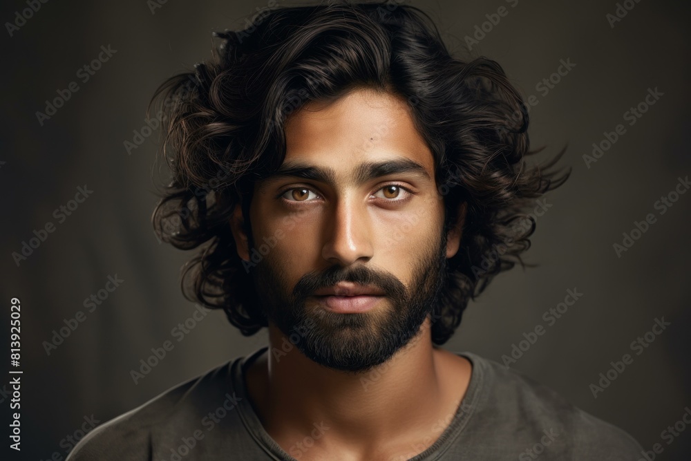 Fototapeta premium Solemn South Asian male portrait. Cheerful adult man. Generate ai
