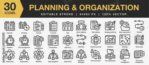 Set of 30 Planning & organization icon set. Editable Stroke Icon Collection. Includes calendar, task, workflow, strategy, organization and More. Outline icons vector collection.