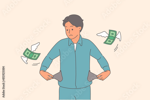 Poor man is sad because of empty pockets and lack of money for purchases, as metaphor for bankruptcy