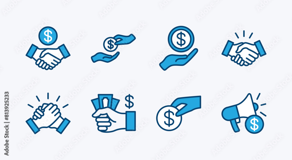 Set of business marketing icon. Containing sponsor, agreement, donation, handshake, partnership, trust, money, social media, megaphone, campaign, purchase, donation. Vector illustration Set of business marketing icon. Containing sponsor, agreement, donation, handshake, partnership, trust, money, social media, megaphone, campaign, purchase, donation. Vector illustration