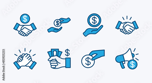 Set of business marketing icon. Containing sponsor, agreement, donation, handshake, partnership, trust, money, social media, megaphone, campaign, purchase, donation. Vector illustration