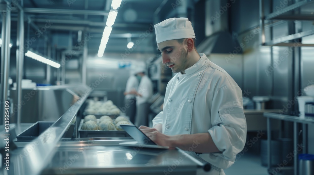 Inspecting an automated dumpling factory in a white sanitized hat and work robe, a young male quality supervisor or food technician uses a tablet computer.