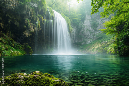 A majestic waterfall cascading down a moss-covered cliff into a crystal-clear pool below, surrounded by lush greenery and misty spray, creating a scene of natural grandeur and tranquility