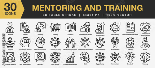 Set of 30 mentoring and training icon set. Editable Stroke Icon Collection. Includes coaching, mentorship, skill, knowledge, goal, trainee, and More. Outline icons vector collection.