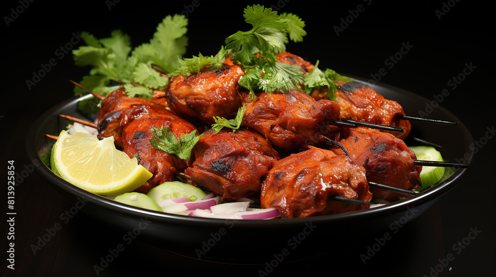 Delicious Chicken Tangri kabab Chicken Leg Pieces Marinated with Red Sauce Then Grilled and Served with Salad on Blurry Background Delicious Chicken Tangri kabab Chicken Leg Pieces Marinated with Red Sauce Then Grilled and Served with Salad on Blurry Background