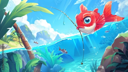 Funny character catching bait at blue ocean water surface, fisherman club sport competition, modern web banner. Fishing cartoon landing page, cute fish looking on hook, underwater ocean view. photo