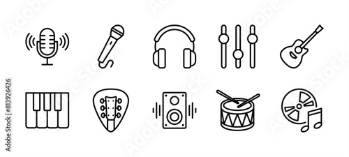 Music equipment thin line icon set. Containing microphone, headphone, guitar pick, control panel or equalizer, piano, speaker, drum, recording disc. Vector illustration