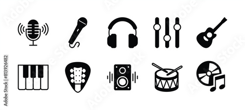 Music equipment icon set. Containing microphone, headphone, guitar pick, control panel or equalizer, piano, speaker, drum, recording disc. Vector illustration
