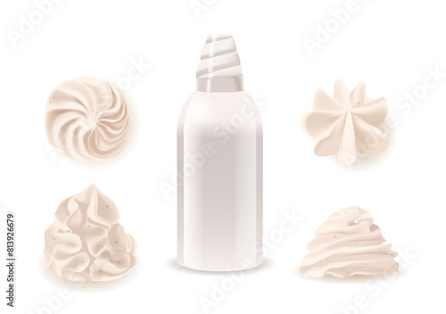 Various Whipped Cream Designs And Cream Dispenser. Isolated Realistic 3d Vector Illustration Includes Distinct Shapes