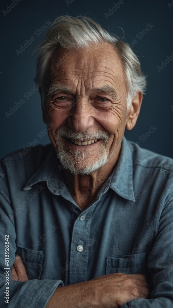 The gray-haired elderly man smiles happily. Indigo background. The gray-haired elderly man smiles happily. Indigo background.