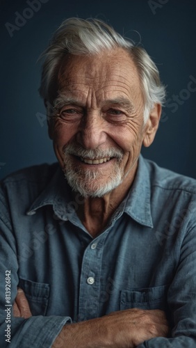 The gray-haired elderly man smiles happily. Indigo background. © Sahaidachnyi Roman