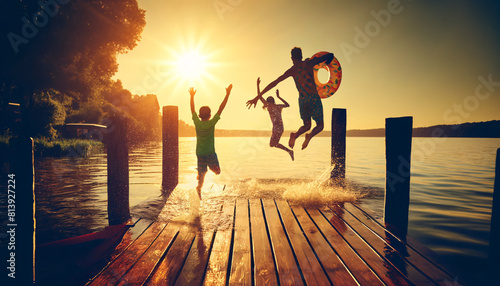 A lakeside wooden dock during sunset. Two children and one adult are seen jumping into the lake