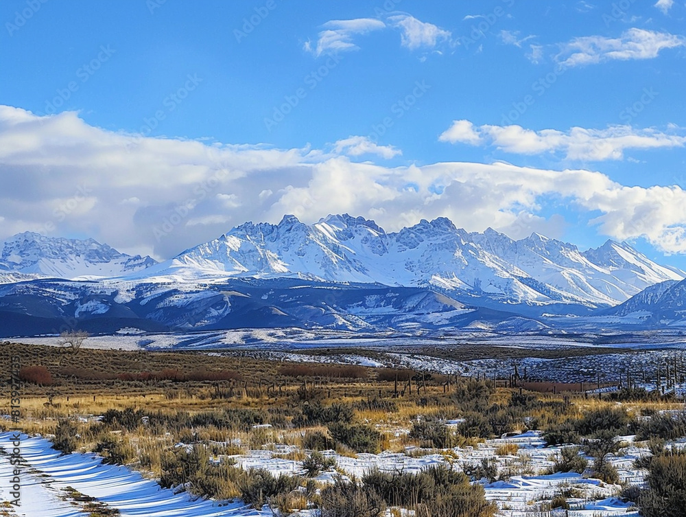 Snow-covered mountains in the distance under a blue sky, captured in a vintage style photo.