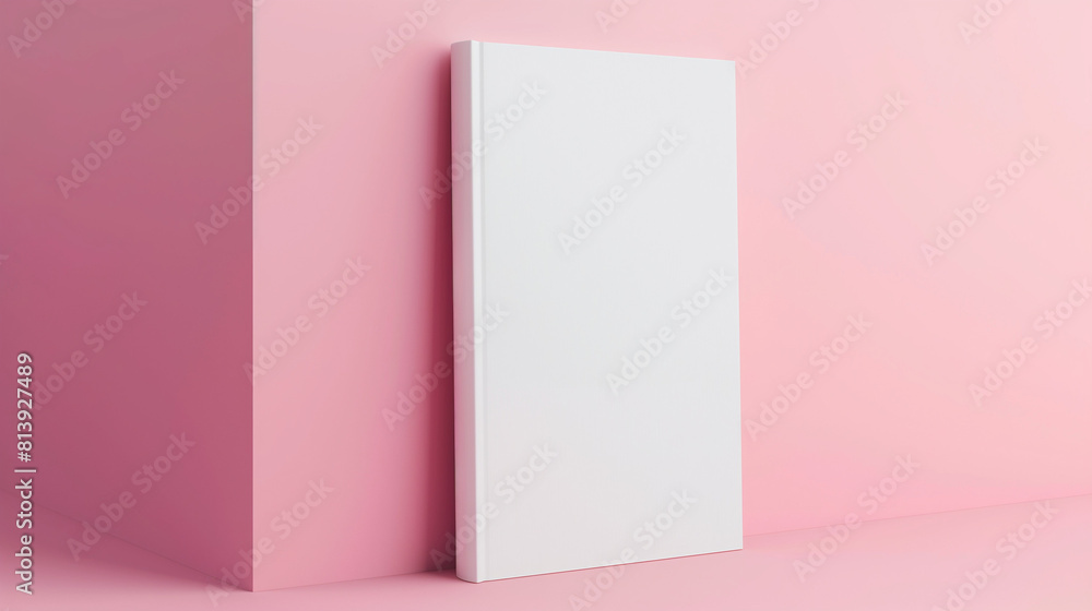 A mockup of an upright white book with a plain cover, placed on a pink background. The book is positioned on the right side and has no visible text or graphics on its front cover. A mockup of an upright white book with a plain cover, placed on a pink background. The book is positioned on the right side and has no visible text or graphics on its front cover.