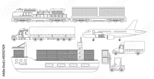Cargo Transportation Vehicles Black And White Vector Icons Set. Plane, Freight Train, Shipping Container, Delivery Truck