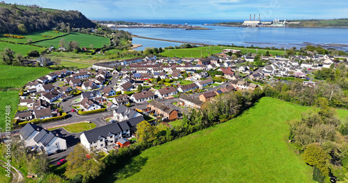 Aerial view of Residential homes in Glynn Village County Antrim Northern Ireland