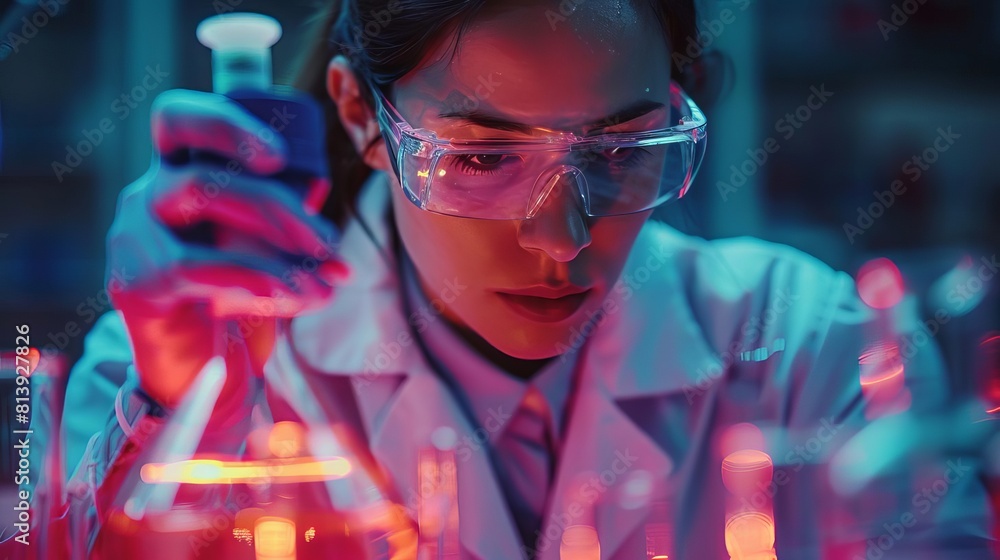A young female scientist wearing a lab coat and safety goggles is working in a laboratory