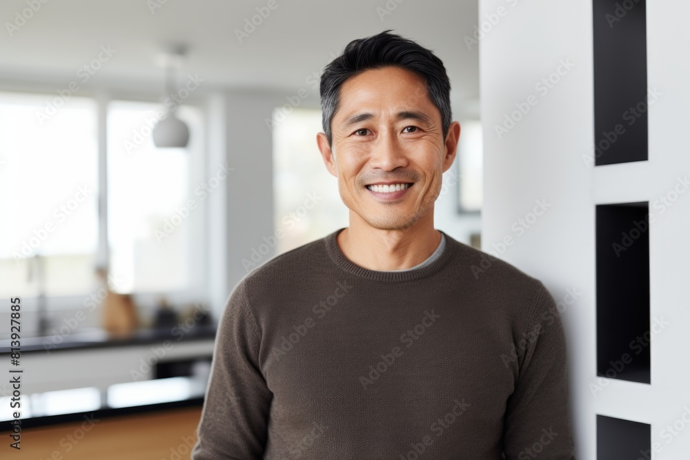 Portrait of a jovial asian man in his 40s smiling at the camera isolated in modern minimalist interior Portrait of a jovial asian man in his 40s smiling at the camera isolated in modern minimalist interior