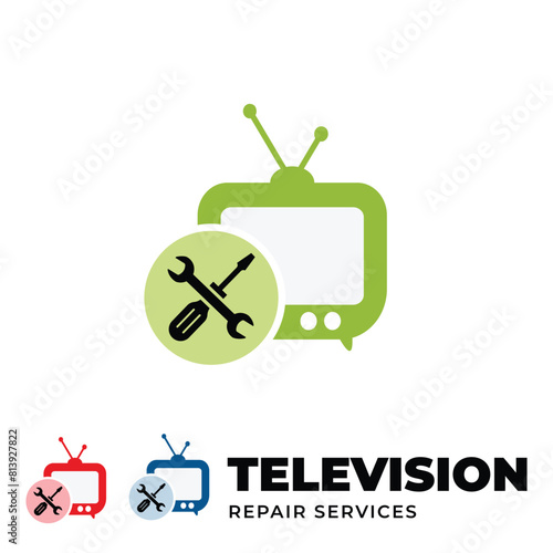 TV Logo Design Template for Television Repairing Shops and Centers. TV Fix Service Illustration Icon Element Sign Symbol.