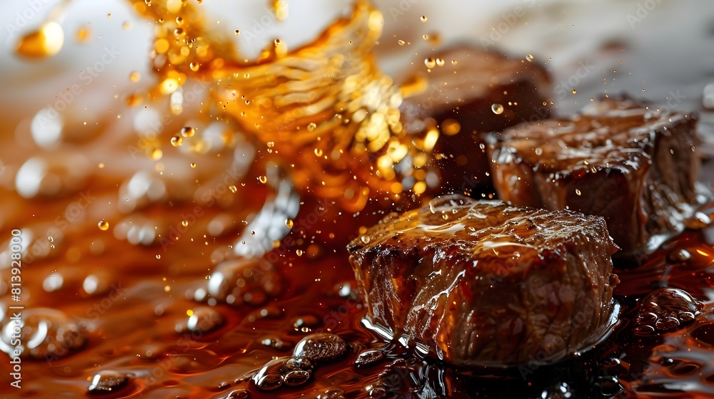 Sizzling Meat Floating in Rich Culinary Splashes of Vibrant Orange and Brown Hues Sizzling Meat Floating in Rich Culinary Splashes of Vibrant Orange and Brown Hues