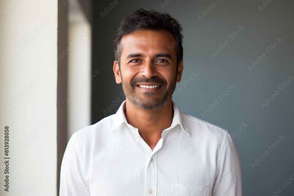 Portrait of a smiling indian man in his 40s smiling at the camera on modern minimalist interior