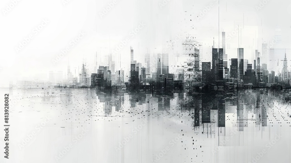 Naklejka premium A black and white cityscape with a painterly style. The city is reflected in the water below.